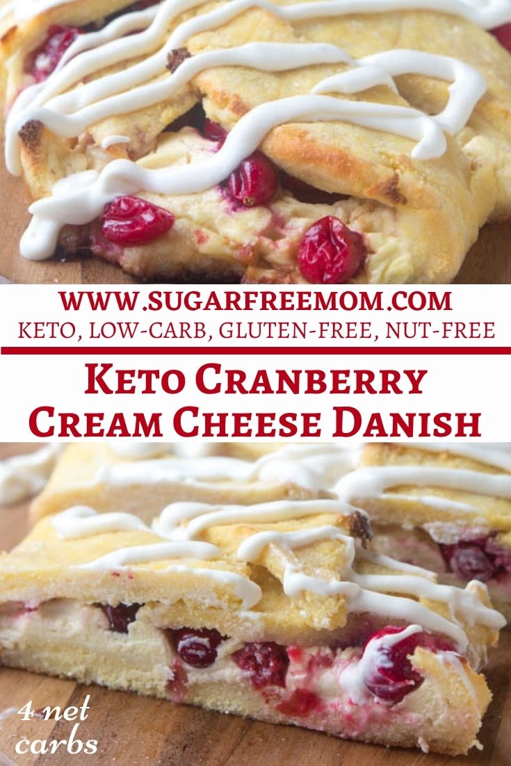 This is Low Carb Keto Cranberry Cream Cheese Danish is sugar free, gluten free, and made with  an easy fathead dough recipe that is almond flour free!