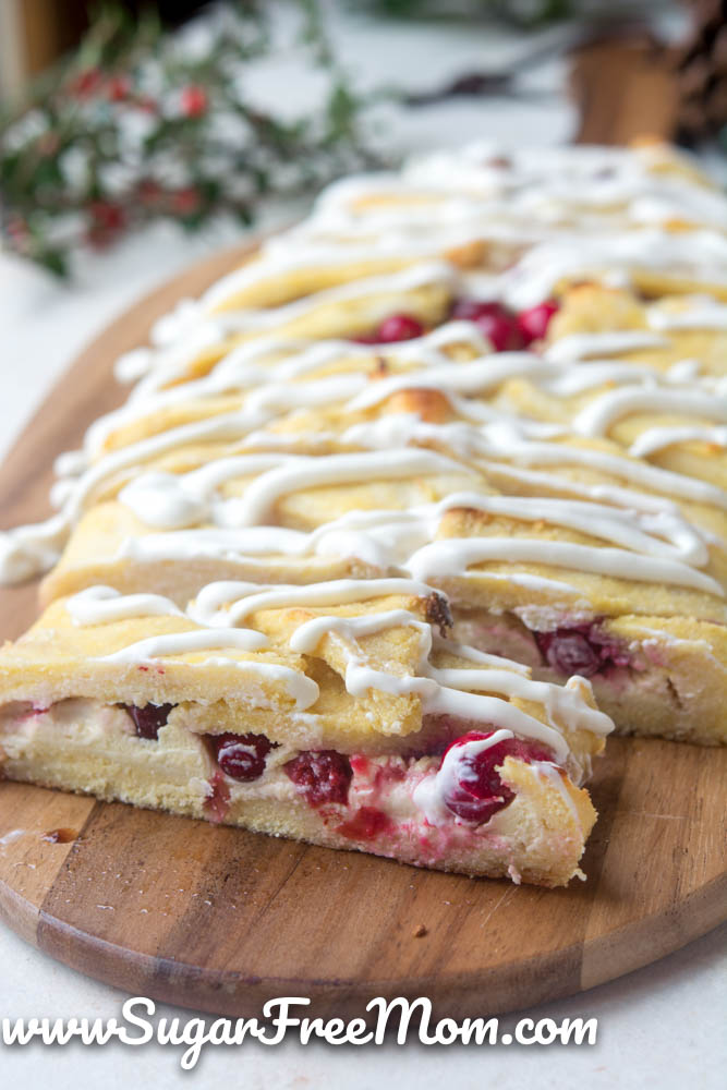 This is Low Carb Keto Cranberry Cream Cheese Danish is sugar free, gluten free, and made with  an easy fathead dough recipe that is almond flour free!