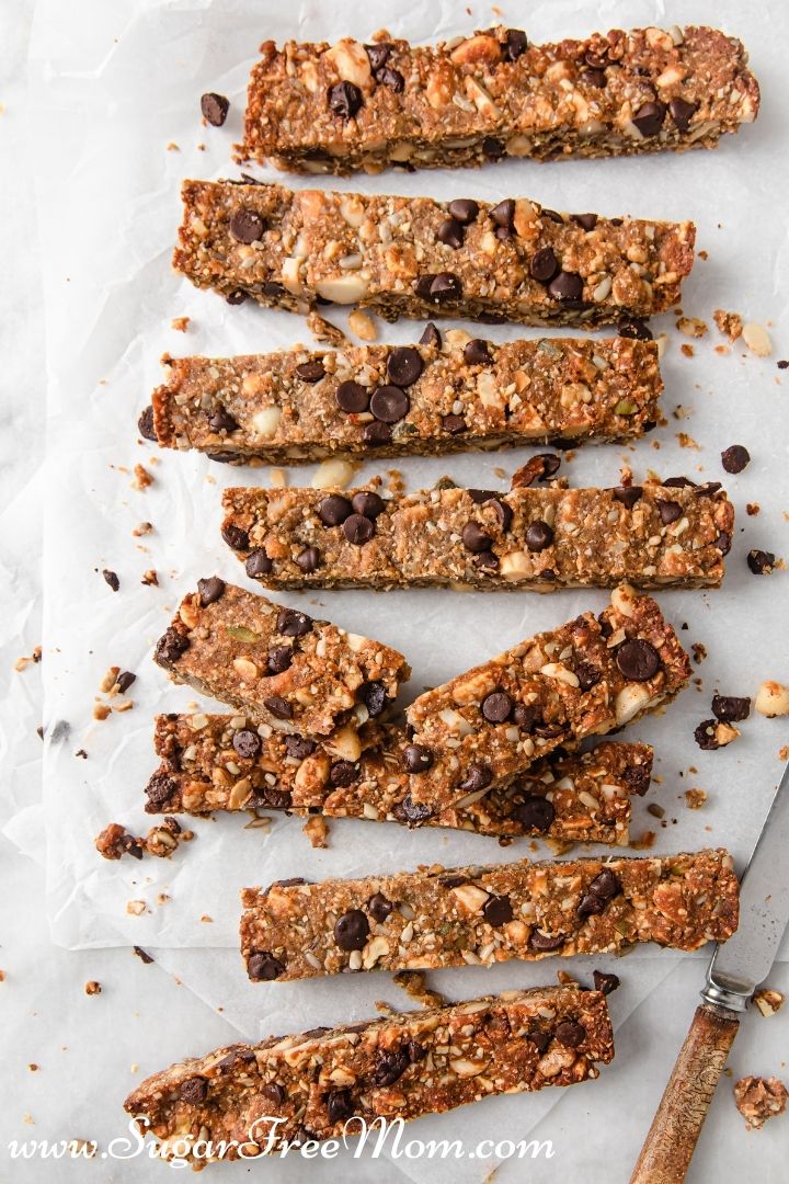 These easy keto granola bars are perfect for a snack or breakfast anytime! With the most wholesome ingredients, good fats from nuts and seeds, these sugar-free snack bars have 8 grams of protein and just 5 grams net carbs. 