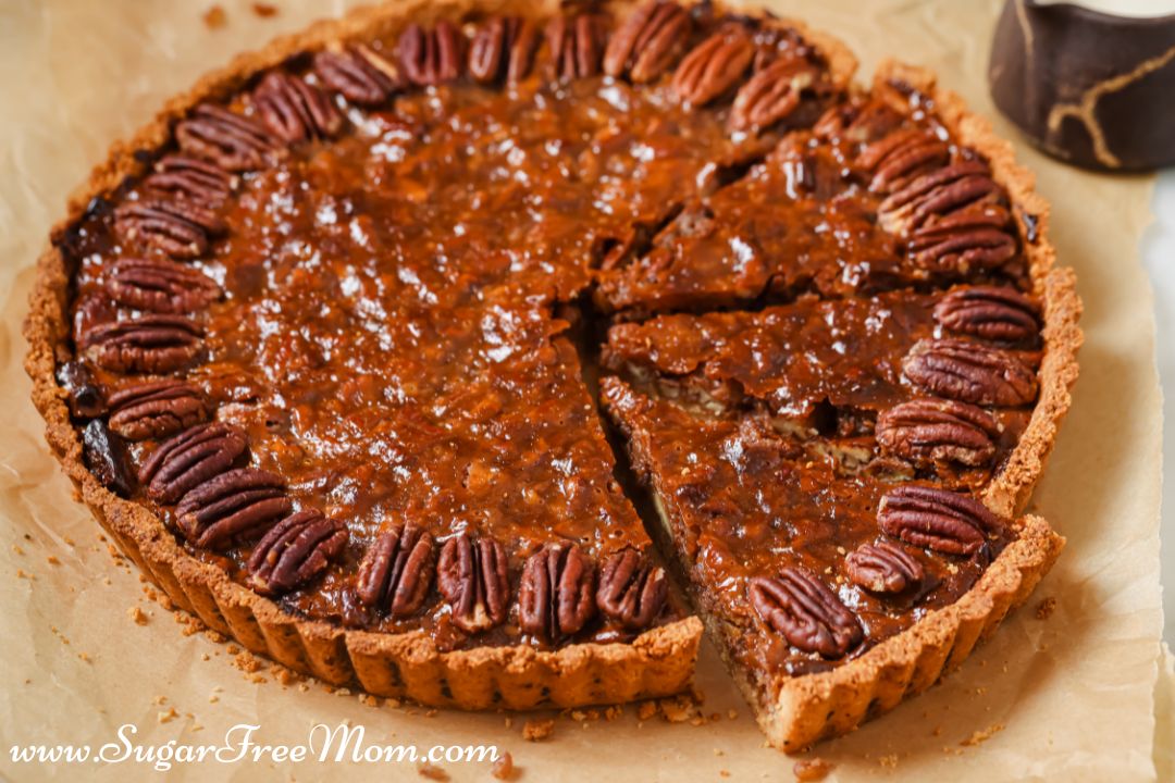 pecan pie with a few slices cut out